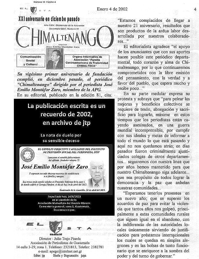Falece José Emilio Montúfar Zaro -Chimaltenango -periódico XXI años 2002-enero 4 - -afiliado 73