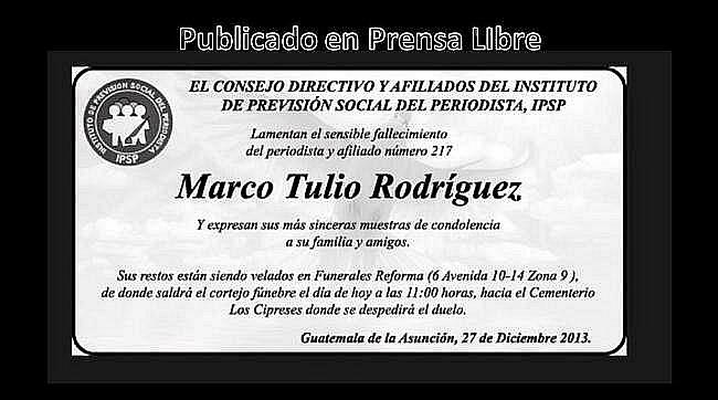 Esquela del IPSP fallecimiento Marco Tulio Rodrígudz López.